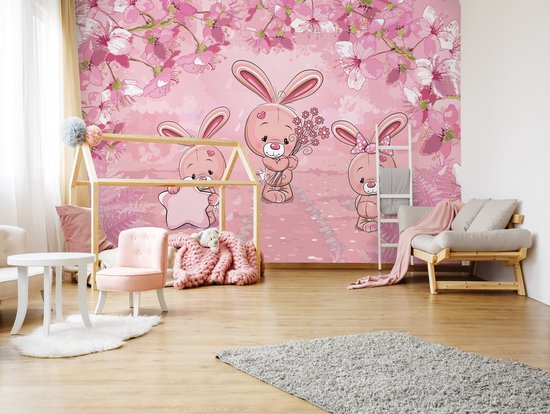 Fotobehang - Vlies Behang - Roze Konijntjes - Kinderbehang - 368 x 254 cm