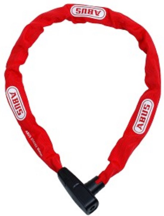 Rood ABUS kettingslot met witte ABUS logo's en een zwarte sluiting.