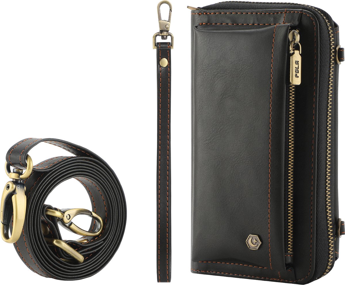Luxe leren Bookcase voor Apple iPhone 13 Mini | Hoogwaardig Leren Hoesje | Lederen Wallet Case | Luxe Uitstraling | Kaarthouder | Portemonnee | Rits | Zwart