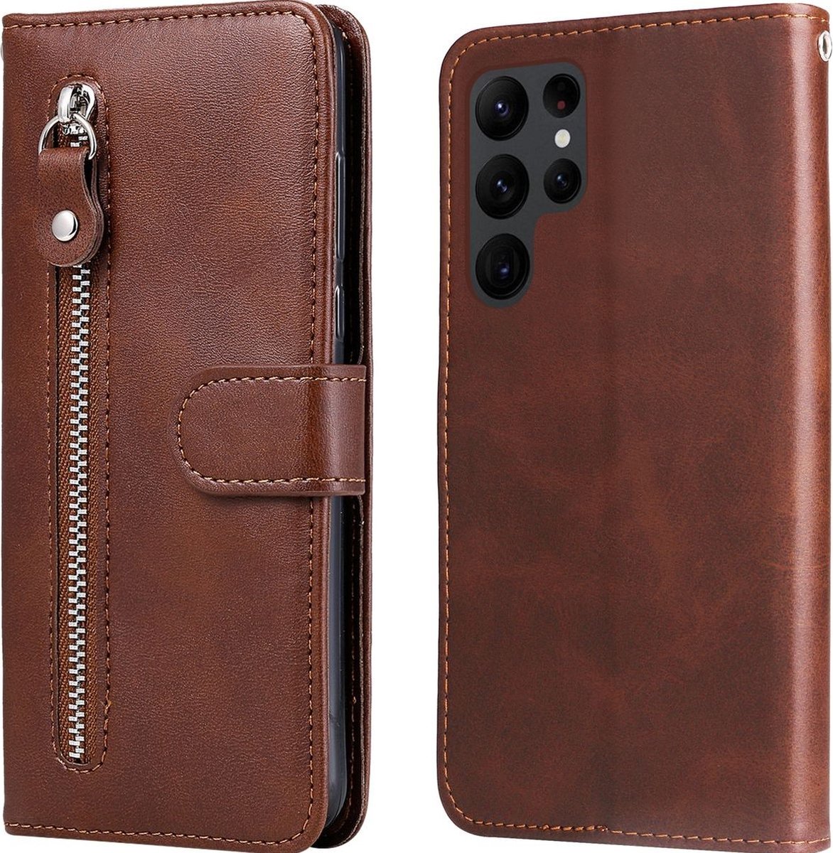 Mobigear Telefoonhoesje geschikt voor Samsung Galaxy S23 Ultra Hoesje | Mobigear Zipper Bookcase Portemonnee | Pasjeshouder voor 3 Pasjes | Telefoonhoesje voor Pinpas / OV Kaart / Rijbewijs - Bruin