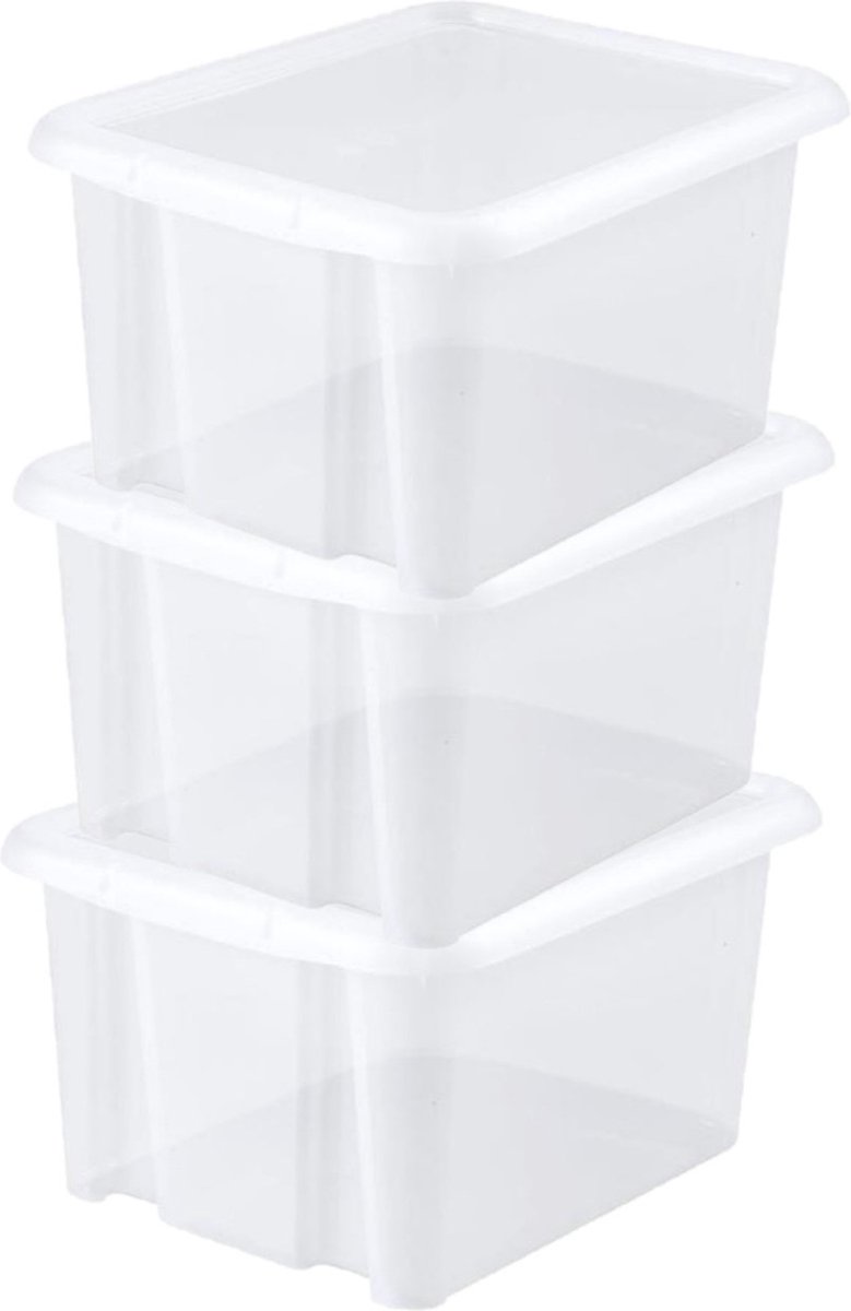12x stuks kunststof opbergboxen/opbergdozen wit transparant L44 x B36 x H25 cm stapelbaar - Voorraad/opberg boxen/bakken met deksel