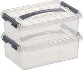 2x Sunware Q-Line opberg boxen/opbergdozen 4 liter 30 cm kunststof - Opslagbox - Opbergbak kunststof transparant/zilver