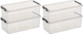 6x Sunware Q-Line opberg box/opbergdoos 9,5 liter 48,5 x 19 x 14,7 cm kunststof - Langwerpige/smalle opslagbox - Opbergbak kunststof transparant/zilver