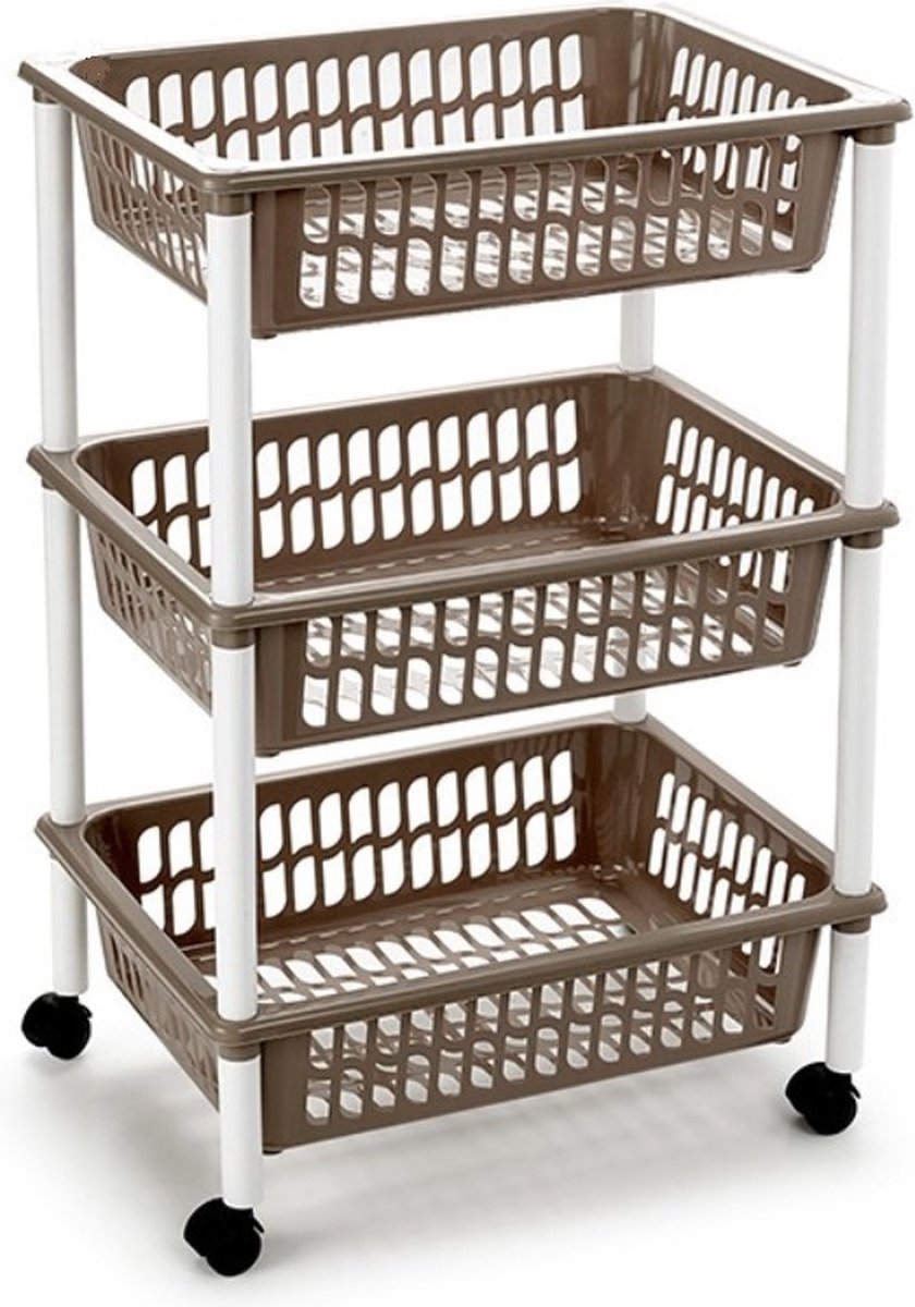 Opberg trolley/roltafel/organizer met 3 manden 40 x 30 x 61,5 cm wit/taupe - Etagewagentje/karretje met opbergkratten