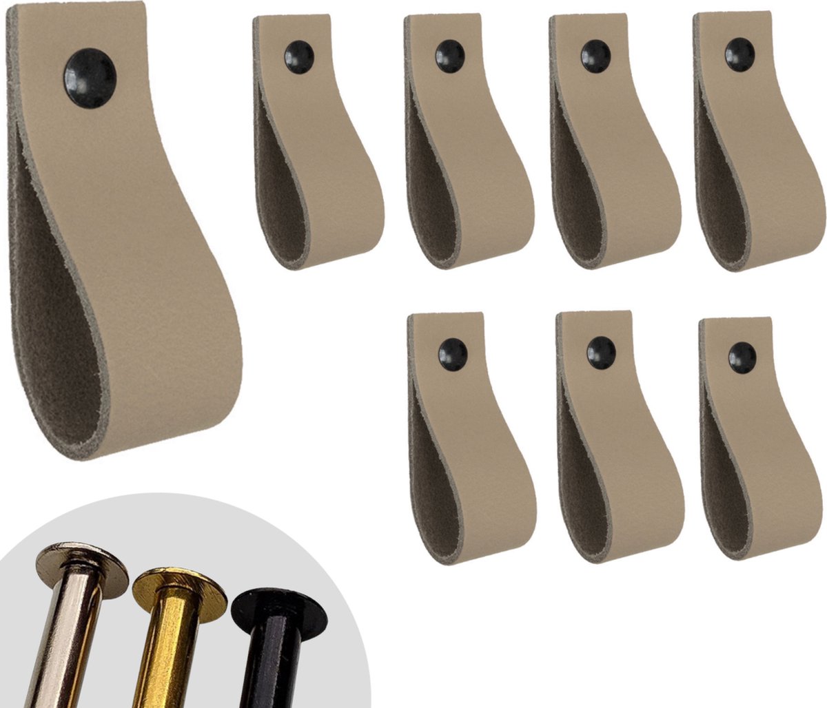 Leren lusjes - Taupe - 8 stuks - incl. 3 kleuren schroefjes (leren handgrepen - leren handgreepjes - leren greepjes)