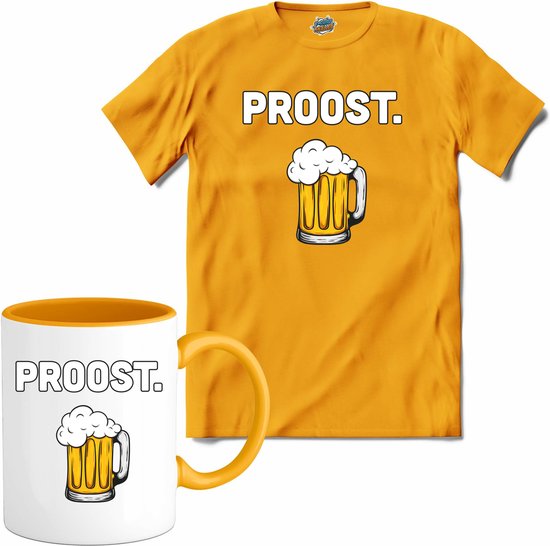 Proost - Bier kleding cadeau - bierpakket kado idee - grappige bierglazen drank feest teksten en zinnen - T-Shirt met mok - Heren - Geel - Maat 3XL