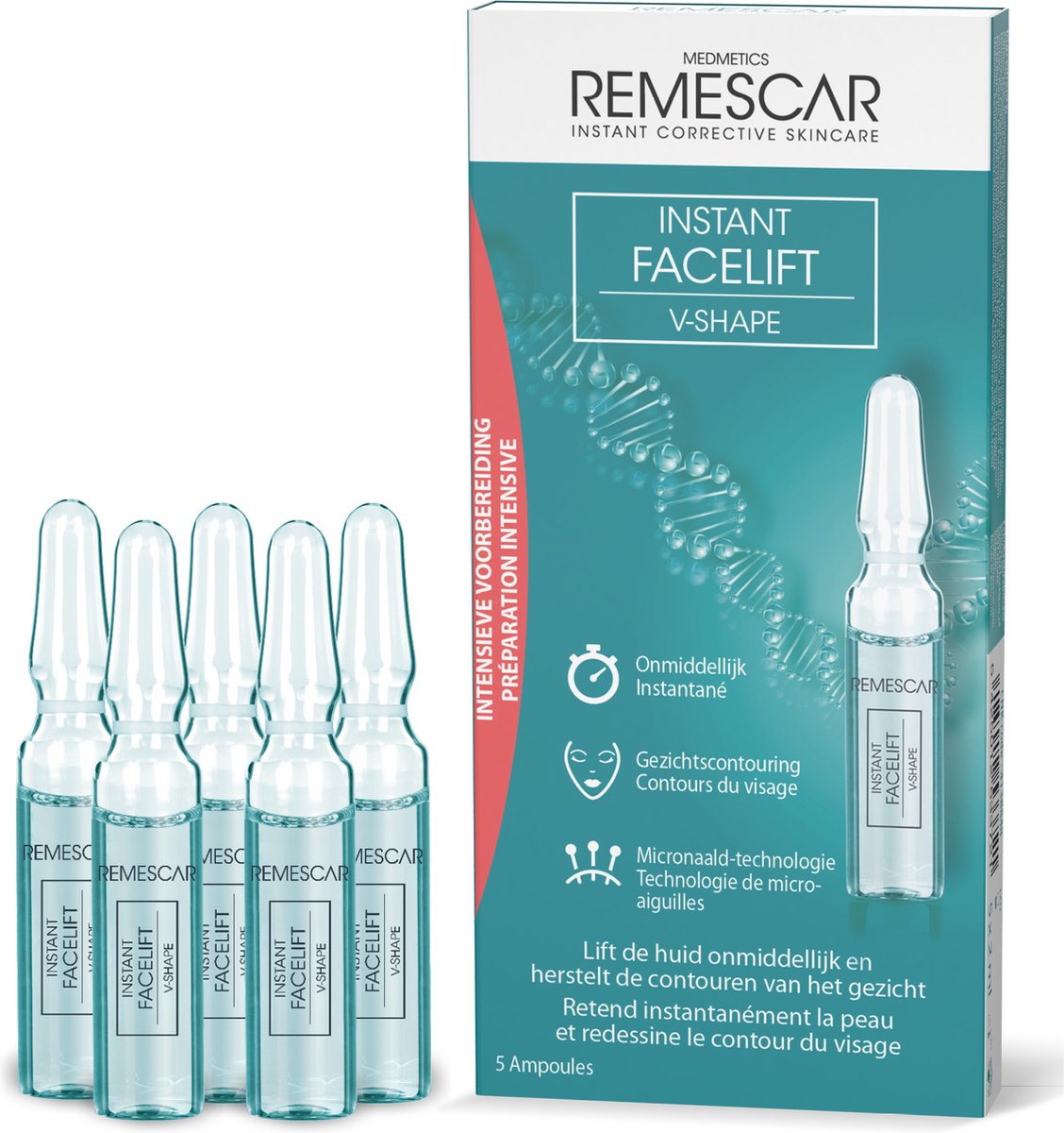 Remescar Instant Facelift V-shape gezicht - Alternatief voor kaaklijn trainer, Microneedling technologie met peptide om de huid te verstevigen, Gezicht contouring en rimpelvermindering met direct resultaat, 5 ampullen