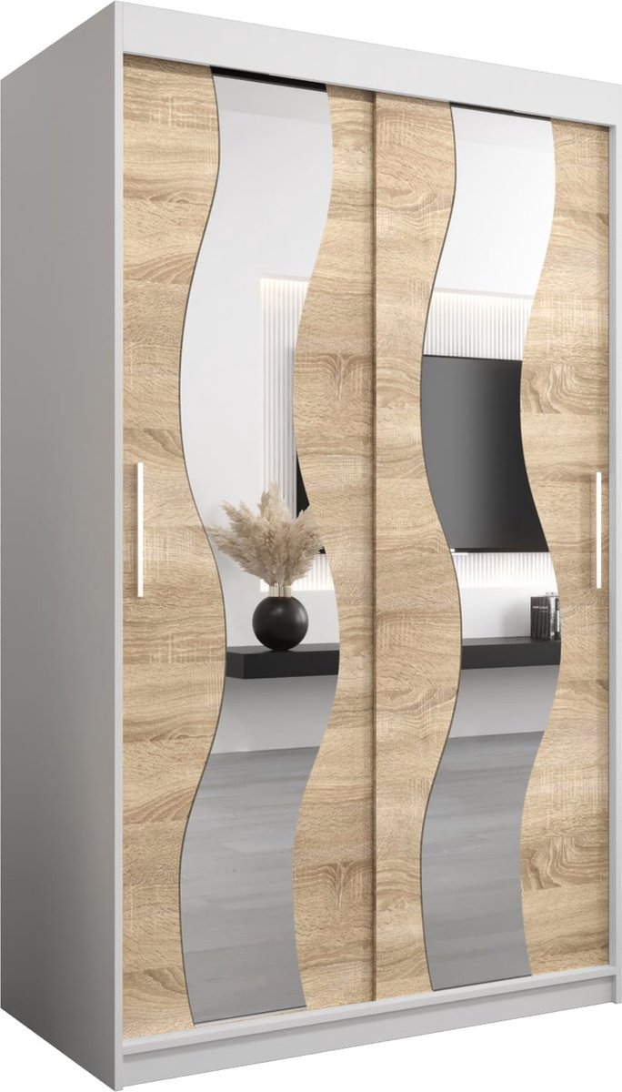 InspireME Kledingkast met 2 schuifdeuren, Modern-stijl, Een kledingkast met planken en een spiegel (BxHxD): 120x200x62 - REESE 120 Wit Mat + Sonoma Eik