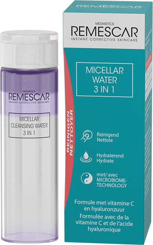Remescar Micellair Water 3 in 1 - Gezichtsreiniger met vitamine C en Hyaluronzuur, Make Up Remover voor intensieve reiniging van de huid en verwijdering van onzuiverheden, Face Wash voor hydratatie en reiniging, 200 ml
