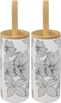 5Five 2x stuks WC-/toiletborstel met houder wit/zwart met hibiscus bloemen zandsteen/bamboe 38 cm