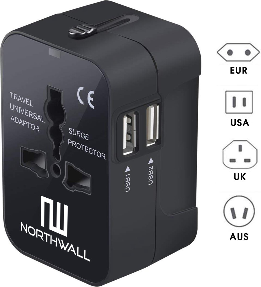 Northwall Universele Wereldstekker met 2 Fast Charge USB Poorten - Internationale Reisstekker voor 150+ Landen - Engeland, Amerika, Zuid Afrika, USA, Italië, Uk, Australië, India, ... - Northwall