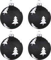 Clayre & Eef Kerstbal Set van 4 Ø 8 cm Zwart Wit Glas Kerstbomen Kerstdecoratie