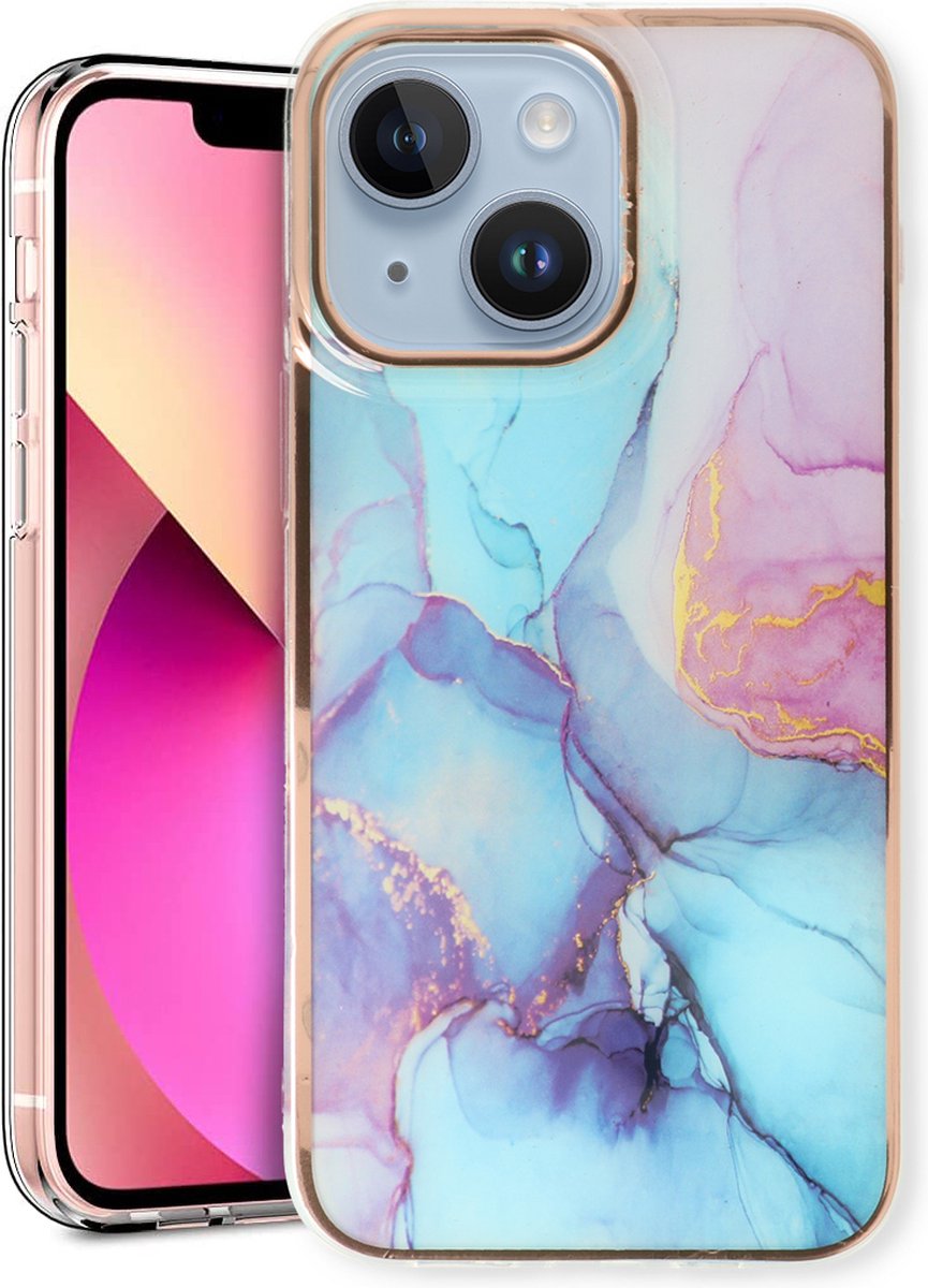 Casemania Hoesje Geschikt voor Apple iPhone 14 Plus - Blauw - Siliconen Marmer Back Cover