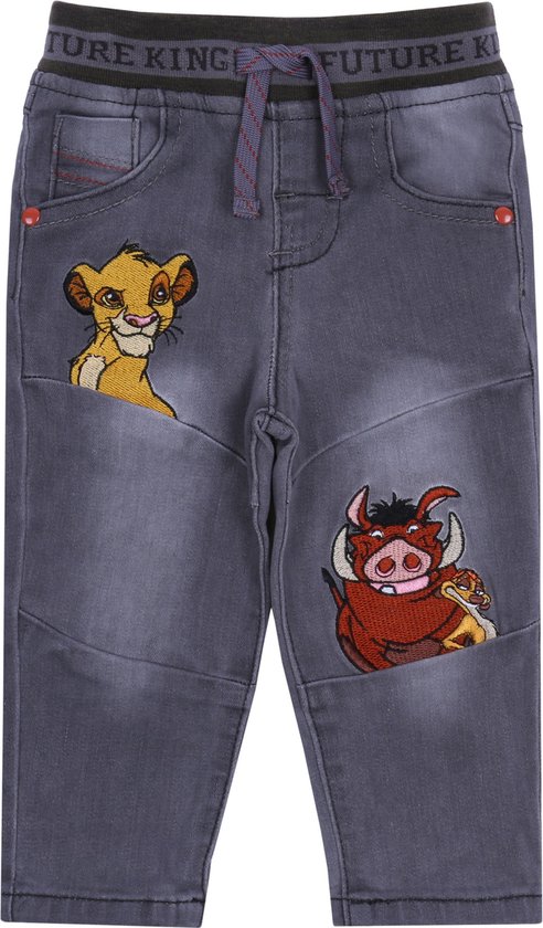 Grijze jeans/spijkerbroek met elastiek, zakken en afbeeldingen - Timon en Pumbaa DISNEY / 80