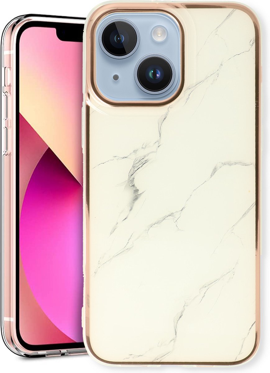 Casemania Hoesje Geschikt voor Apple iPhone 13 - Wit - Siliconen Marmer Back Cover