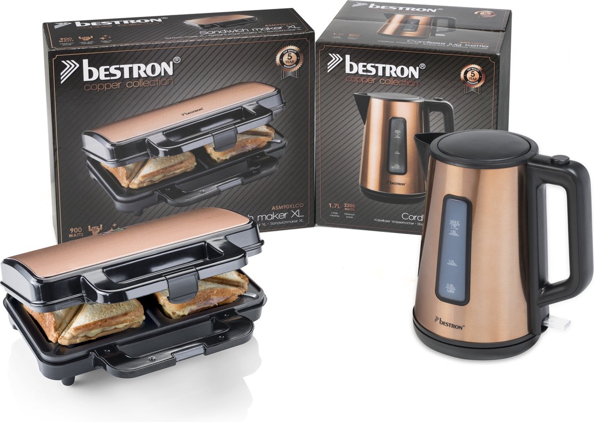 Bestron XL Tosti ijzer voor 2 Tosti's Tosti apparat met antiaanbaklaag & indicatielampje + Waterkoker met 360° basis & tot 1.7 Liter capaciteit Voordeelset koper