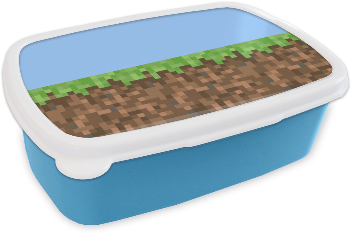 Broodtrommel Blauw - Lunchbox - Brooddoos - Pixel - Gaming - 18x12x6 cm - Kinderen - Jongen