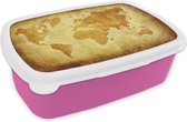 Broodtrommel Roze - Lunchbox - Brooddoos - Wereldkaart - Papyrus - Bruin - Kinderen - Jongens - Meisjes - 18x12x6 cm - Kinderen - Meisje