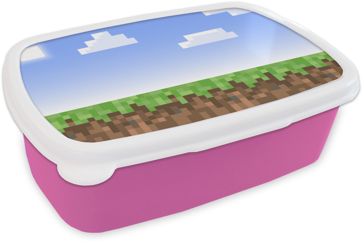 Broodtrommel Roze - Lunchbox Gaming - Pixel - Gamen - Gras - Brooddoos 18x12x6 cm - Brood lunch box - Broodtrommels voor kinderen en volwassenen