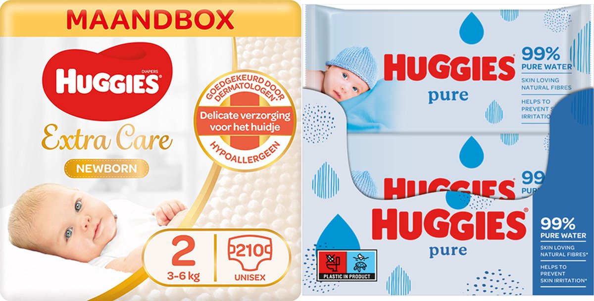 Goedkoopste Huggies luiers maat 2 (210 luiers) Huggies billendoekjes Pure (1008 doekjes