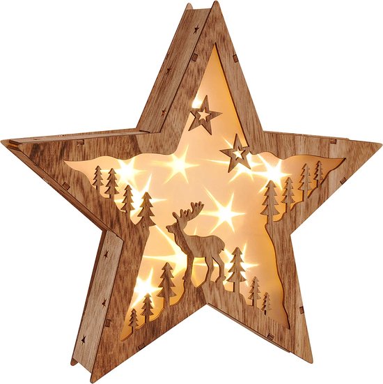 LED decoratieve lamp ster in 3D design - van echt hout - houten ster met 10 LED in warm wit