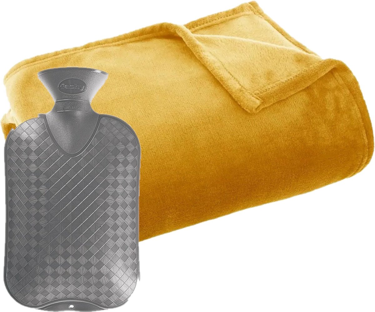 Fleece deken/plaid Okergeel 125 x 150 cm en een warmwater kruik 2 liter