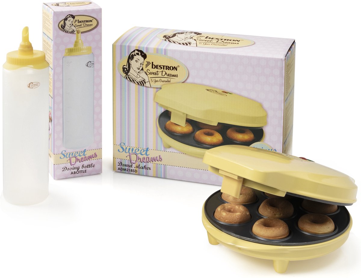 Bestron Donutmaker in Sweet Dreams design, met bakindicatielampje & antiaanbaklaag+ doseerfles voor 700 ml, met schaalverdeling, cadeu set, kleur: Multikleurig