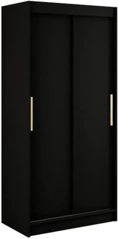 InspireMe - Kledingkast met 2 schuifdeuren, Modern-stijl, Een kledingkast met planken (BxHxD): 100x200x62 - KAIR T 100 Zwart Mat + Gouden