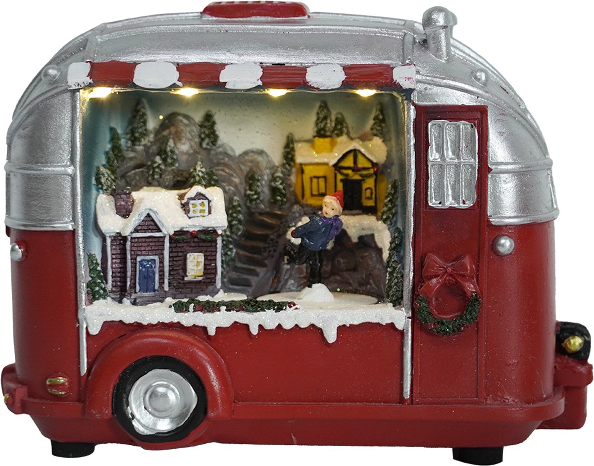 Kristmar caravan kerstdecoratie – Decoratie voor kerstdorp – Caravan met ronddraaiende schaatser – Kerstdecoratie met LED-verlichting – L23.5xB10xH16 cm – Zilver/Rood