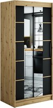 InspireMe - Kledingkast met 2 schuifdeuren, Modern-stijl, Een kledingkast met planken en een spiegel (BxHxD): 100x200x62 - JARED V4 100 Artisan Eik + Zwart Mat