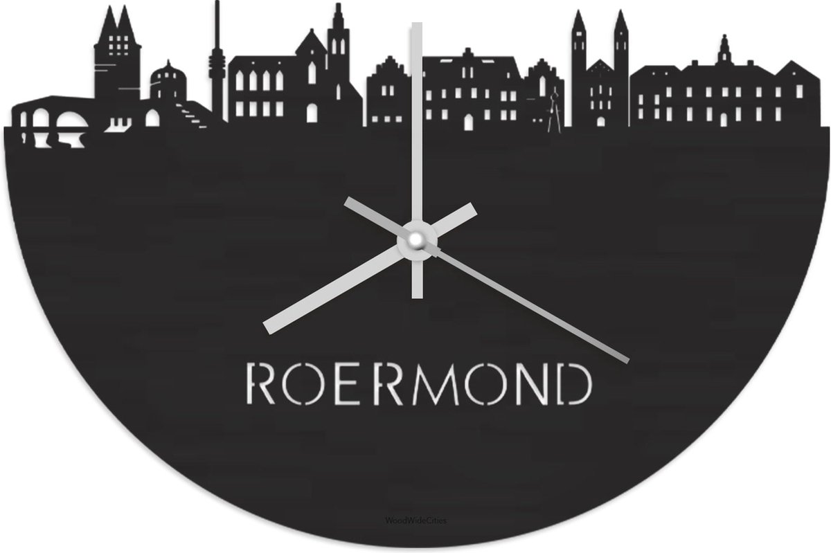 Skyline Klok Roermond Zwart hout - Ø 40 cm - Stil uurwerk - Wanddecoratie - Meer steden beschikbaar - Woonkamer idee - Woondecoratie - City Art - Steden kunst - Cadeau voor hem - Cadeau voor haar - Jubileum - Trouwerij - Housewarming - WoodWideCities
