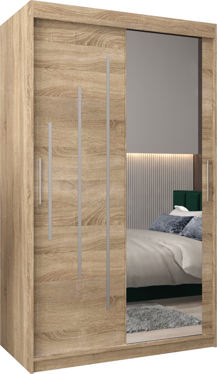 InspireME Kledingkast met 2 schuifdeuren, Modern-stijl, Een kledingkast met planken en een spiegel (BxHxD): 120x200x62 - MALTESE II 120 Sonoma Eik