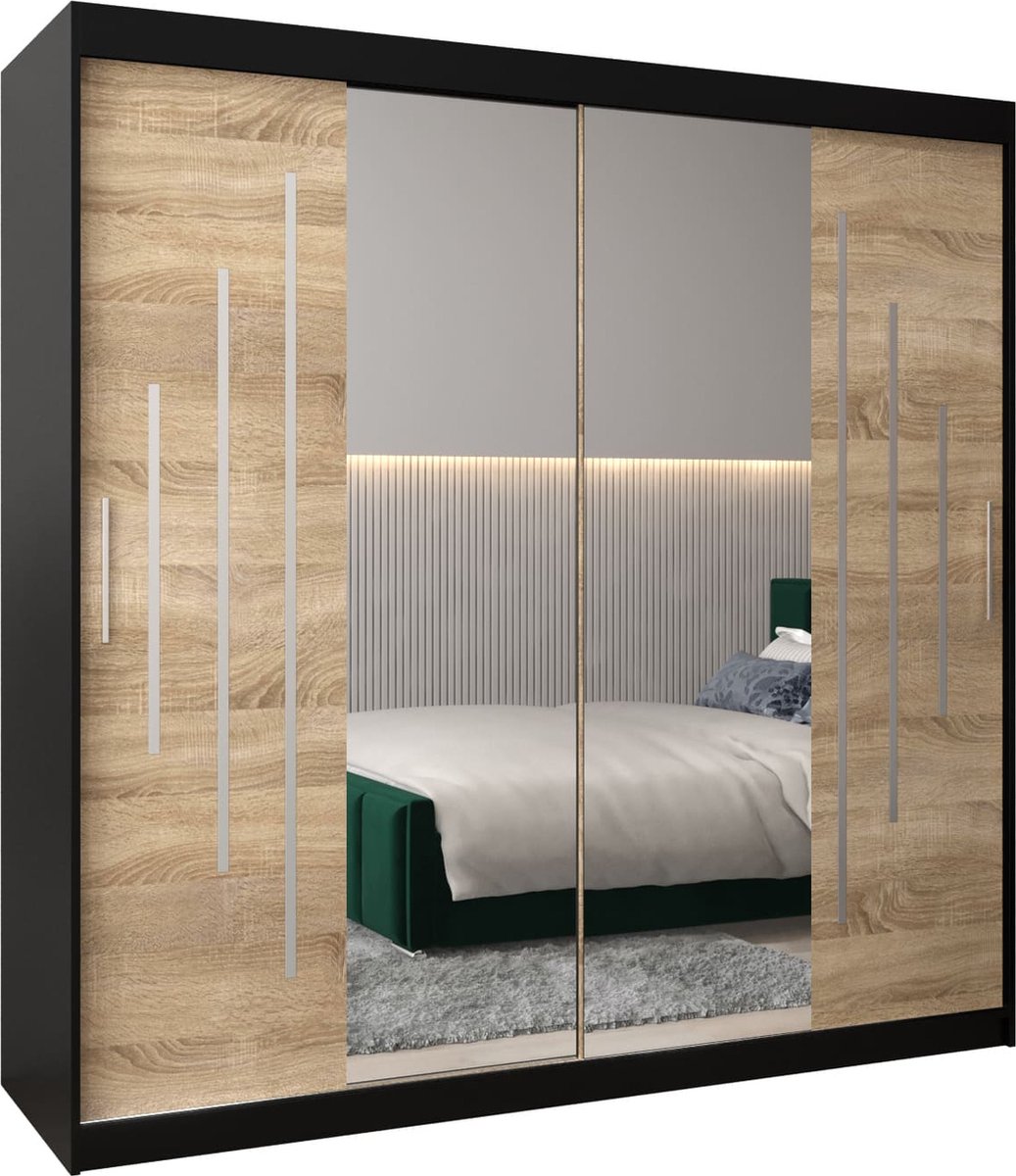 InspireME Kledingkast met 2 schuifdeuren, Modern-stijl, Een kledingkast met planken en een spiegel (BxHxD): 200x200x62 - MALTESE I 200 Zwart Mat + Sonoma Eik
