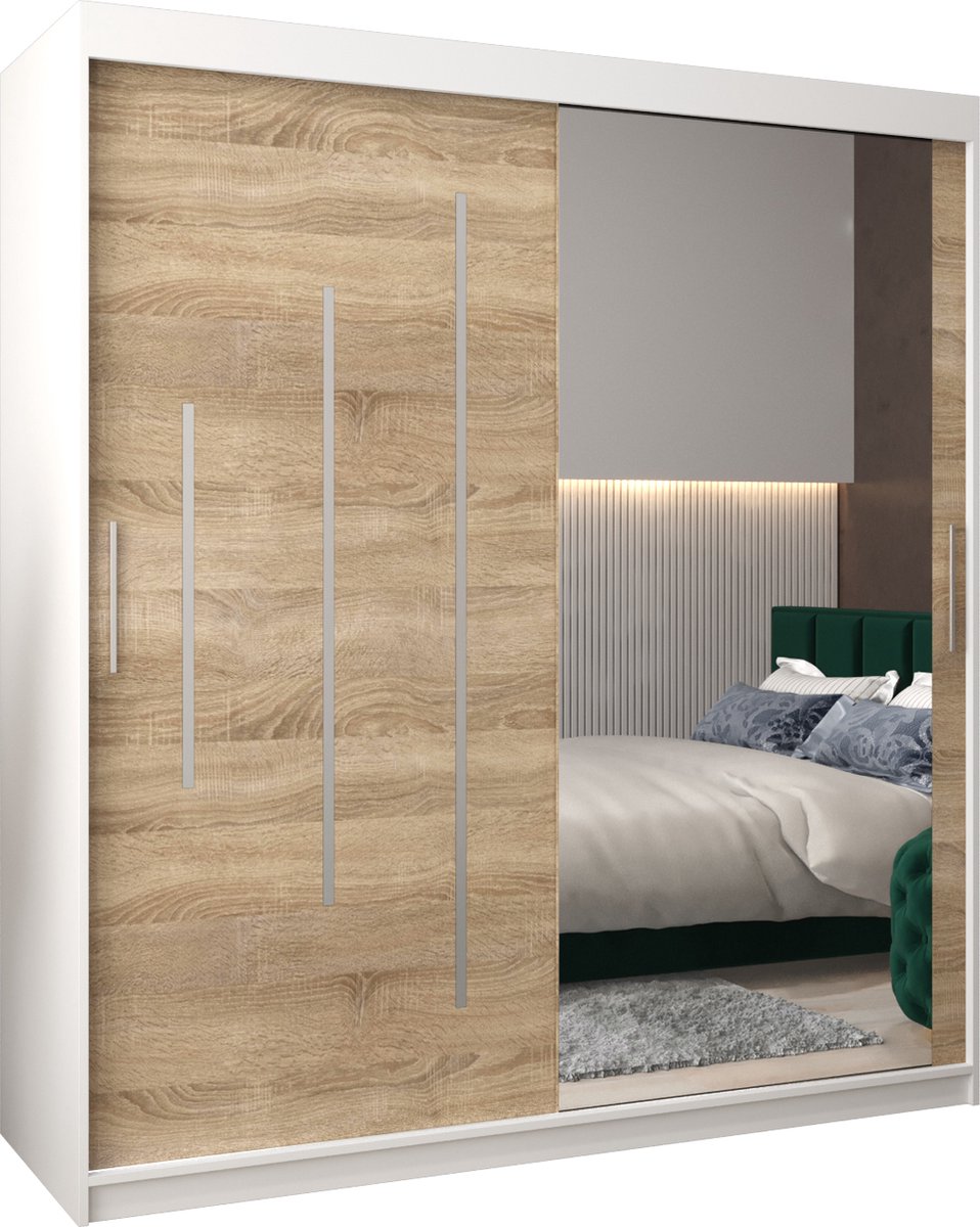 InspireME Kledingkast met 2 schuifdeuren, Modern-stijl, Een kledingkast met planken en een spiegel (BxHxD): 180x200x62 - MALTESE II 180 Wit Mat + Sonoma Eik
