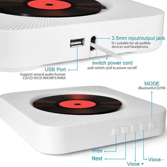 Adirigo CD-Speler Met Bluetooth Aan De Muur te Monteren Muziekspeler Home Audio Boombox met Lcd-Scherm en Stofkap Ingebouwde Hifi-Luidsprekers met Afstandsbediening FM-Radio MP3