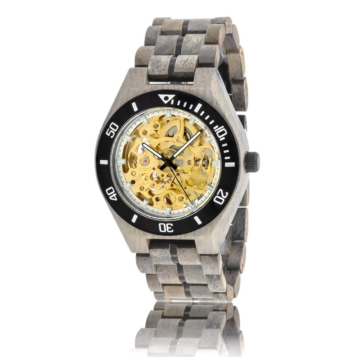 HOTTOT | Carbon Gold - Houten horloge heren - 44 mm - Automatisch uurwerk - Skeleton - Esdoorn hout - Goud