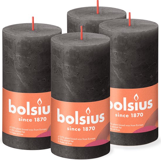 4 bougies pilier rustique Bolsius anthracite 68 (60 heures) Eco Shine Stormy Grey