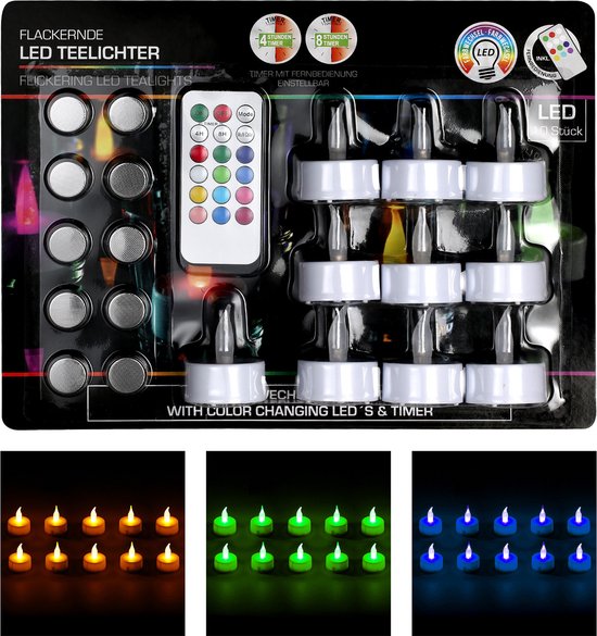 Cepewa LED Waxinelichtjes - 10 ST - multicolor - op afstandsbediening - theelichtjes
