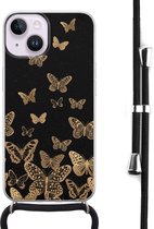 Hoesje met koord - Geschikt voor iPhone 14 - Vlinders - Verstelbaar zwart koord - Zwart, Transparant - Print / Illustratie - Leuke Telefoonhoesjes