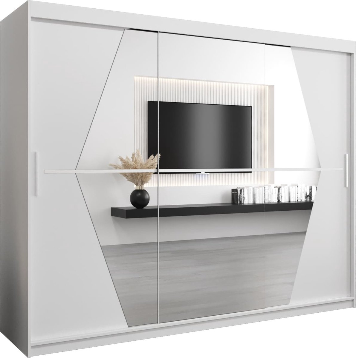 InspireME Kledingkast met 3 schuifdeuren, Modern-stijl, Een kledingkast met planken en een spiegel (BxHxD): 250x200x62 - BOLA 250 Wit Mat