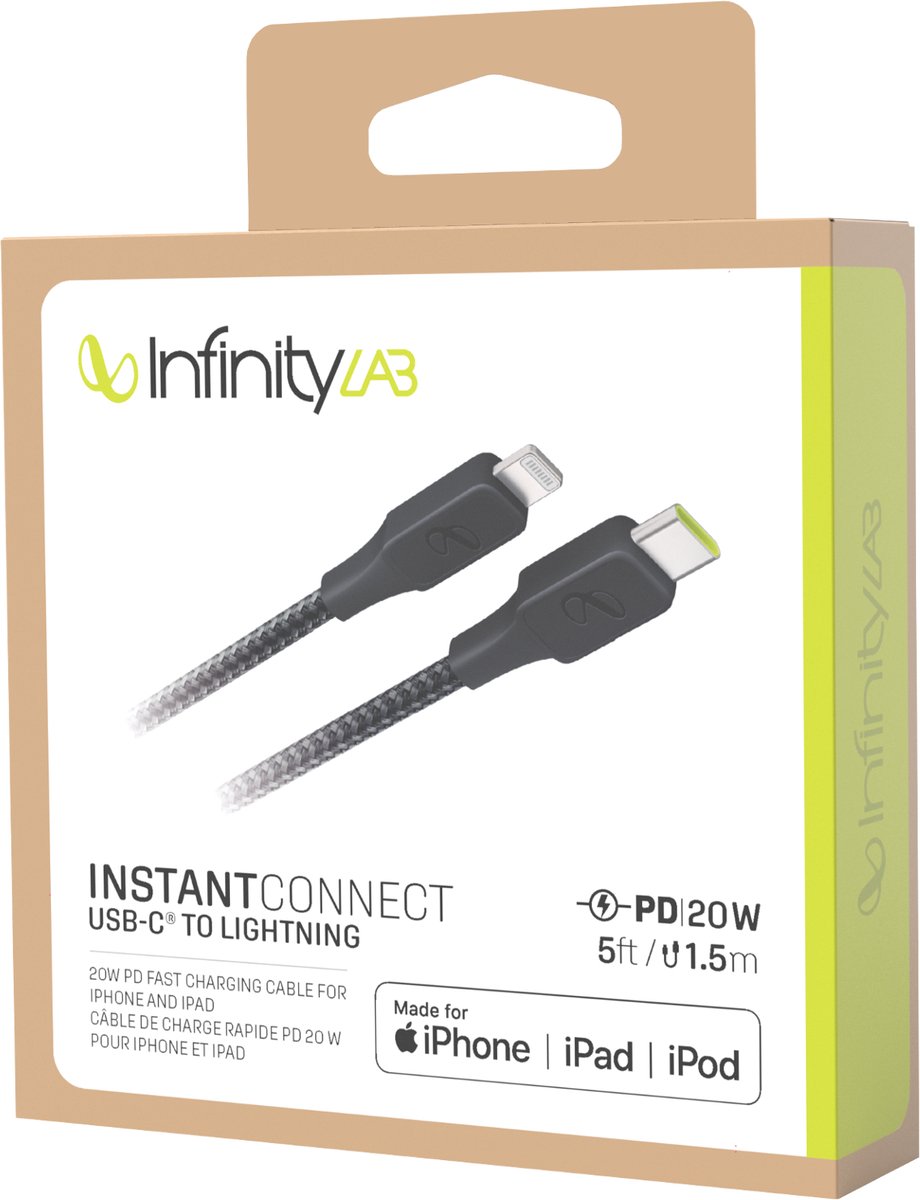 InstantConnect USB-C to Lightning  Câble de charge rapide 20 W pour iPhone  et iPad