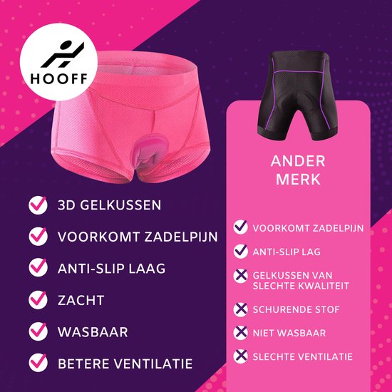 Sous-vêtement de cyclisme rose HOOFF à côté d'un cuissard noir d'une autre marque, avec comparaison des caractéristiques.