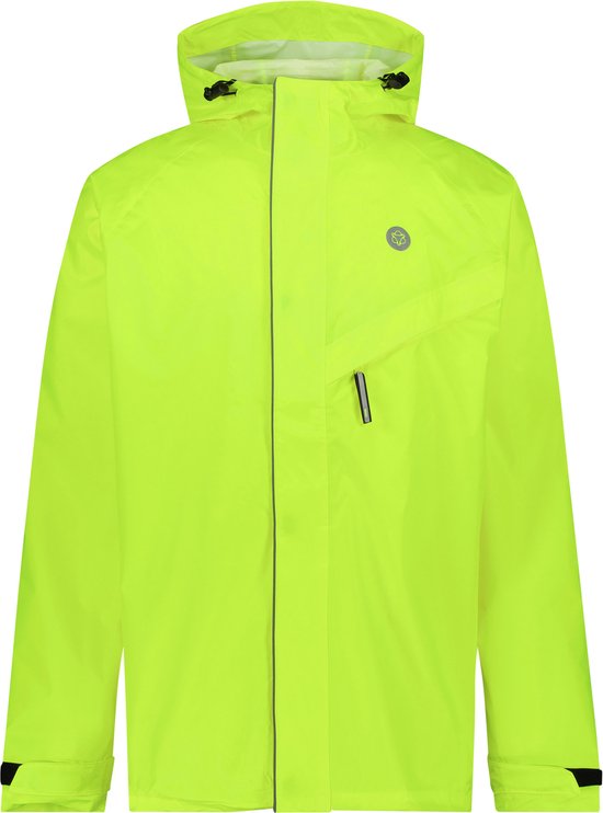 Imperméable jaune néon à capuche, avec fermeture éclair et bandes noires aux manches.
