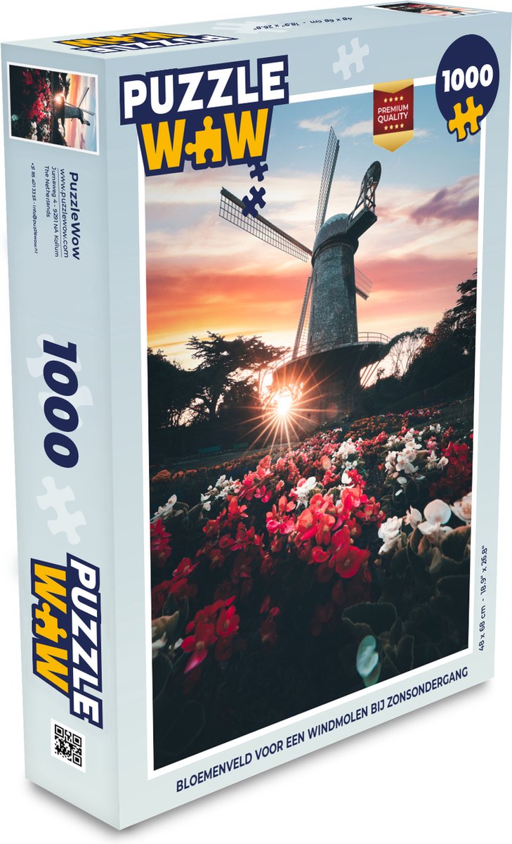 Puzzel Bloemenveld voor een windmolen bij zonsondergang - Legpuzzel - Puzzel 1000 stukjes volwassenen