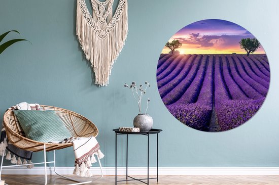 WallCircle - Papier peint cercle - Fleurs - Coucher de soleil - Lavande - Paysage - Arbres - Papier peint rond - Papier peint autocollant - 120x120 cm - Papier peint cercle autocollant - Décoration murale ronde - Papier peint cercle
