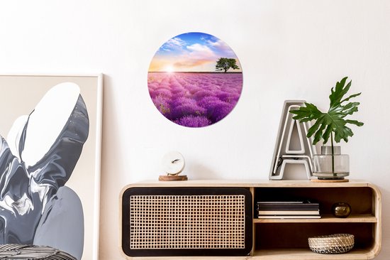 Papier peint cercle - Lavande - Fleurs - Arbre - Soleil - Paysage - Décoration murale cercle - Papier peint cercle fleurs - Papier peint autocollant - 30x30 cm - Papier peint autocollant - Papier peint rond - Papier peint cercle