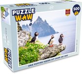Puzzel Drie puffins kijken uit over de zee - Legpuzzel - Puzzel 500 stukjes
