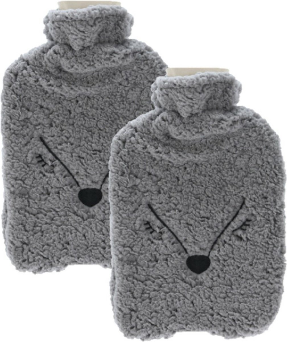 Goedkoopste Home & Styling Kruik - 2x stuks - fleece hoes vos grijs - 2 liter