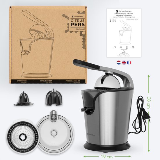 KitchenBrothers citruspers met accessoires en handleiding. Afmetingen: 28 cm hoog, 19 cm breed. Met stevig RVS-design.