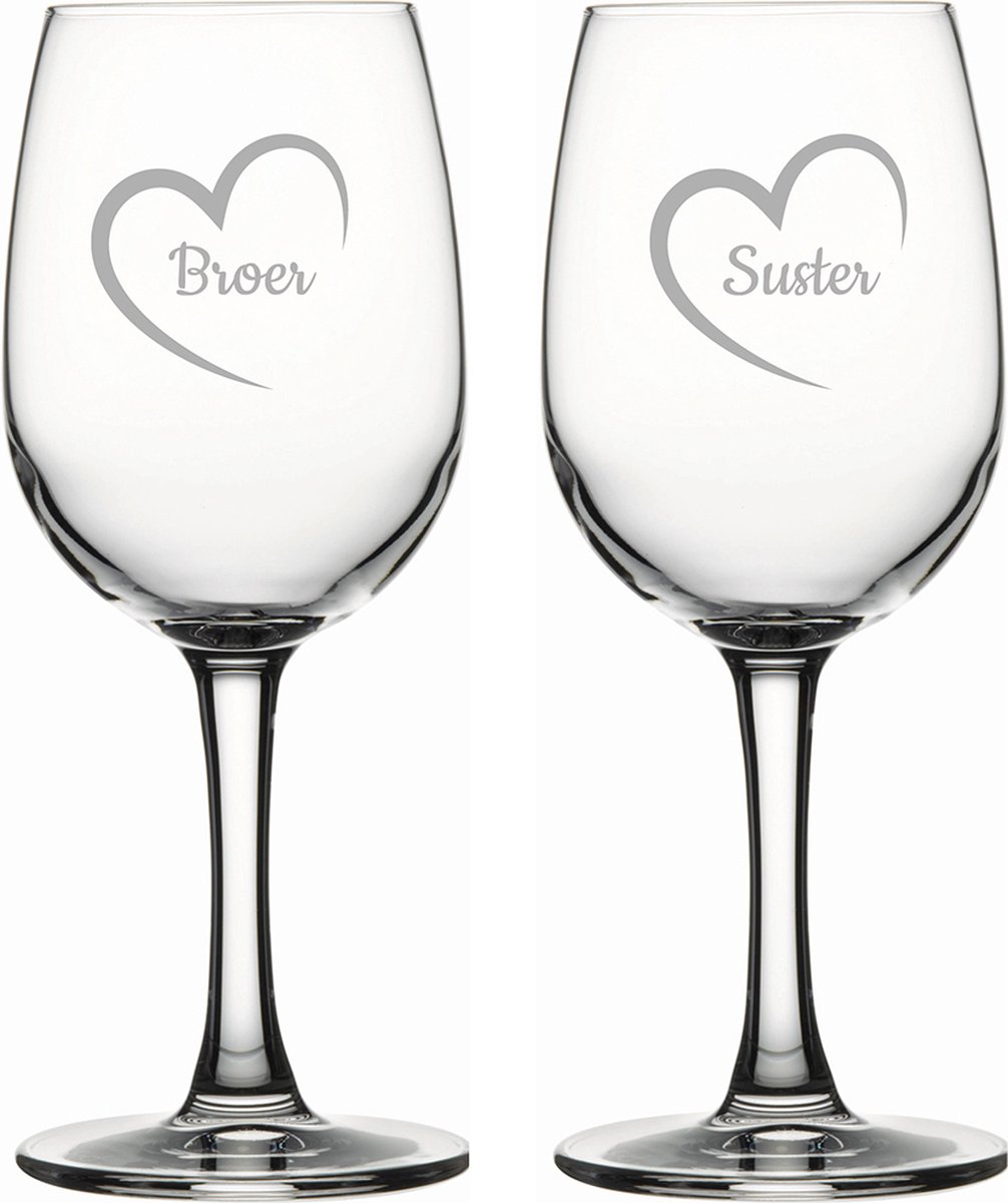 Gegraveerde witte wijnglas 26cl Broer mei hert & Suster mei hert
